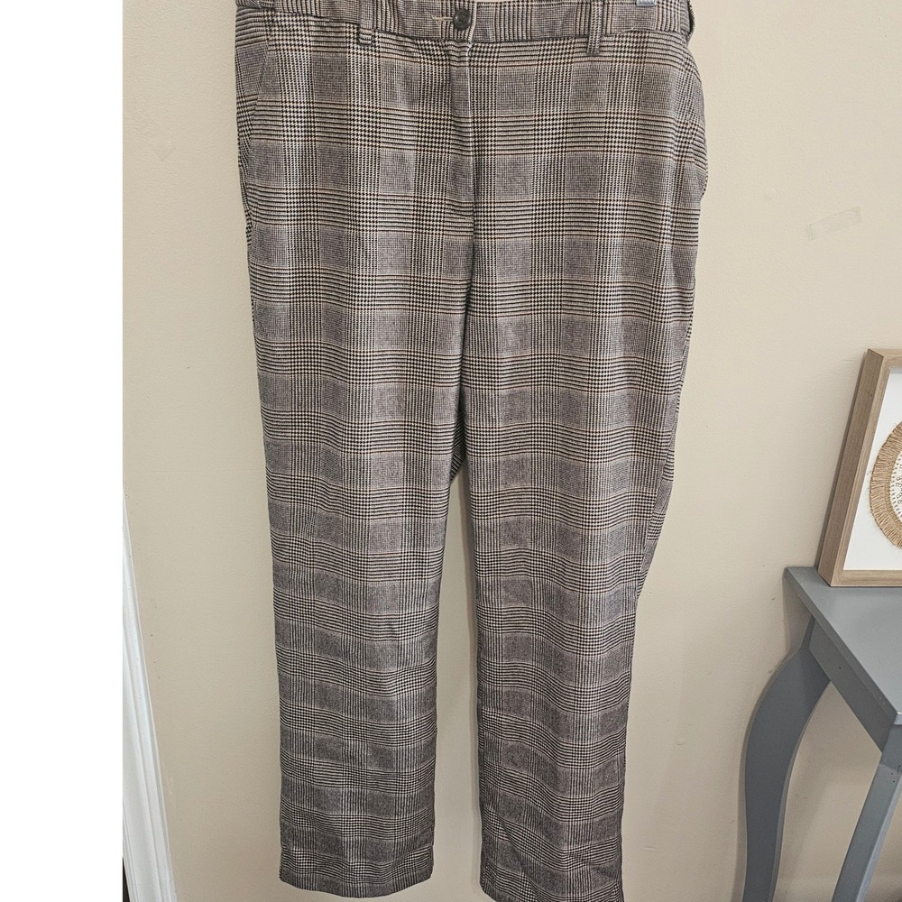 LL Bean Classic Fit Plaid Trousers Brown Tan Cotton Straight Leg Pants Size 16